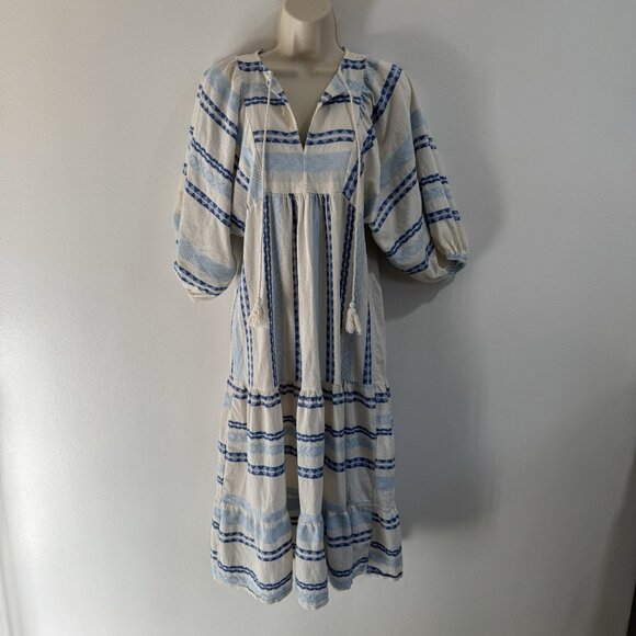 Midi Dress S / M Made in Italy Cotton Embroidered Peasant Boho Tiered White Blue - Picture 1 of 10